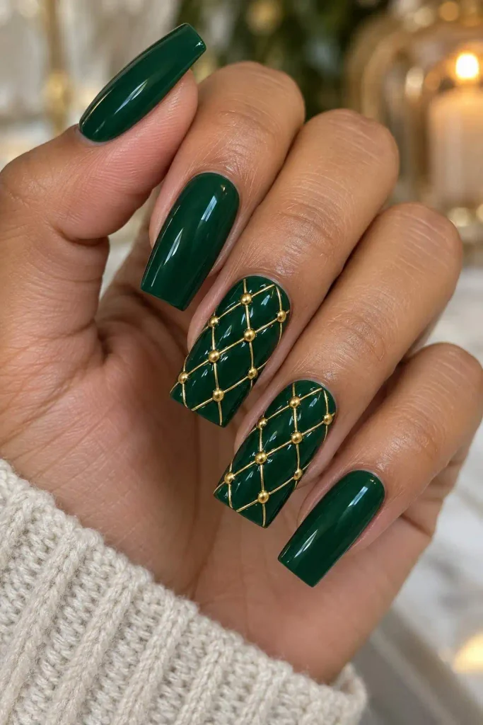 Gold Quilted Emerald Green Nails