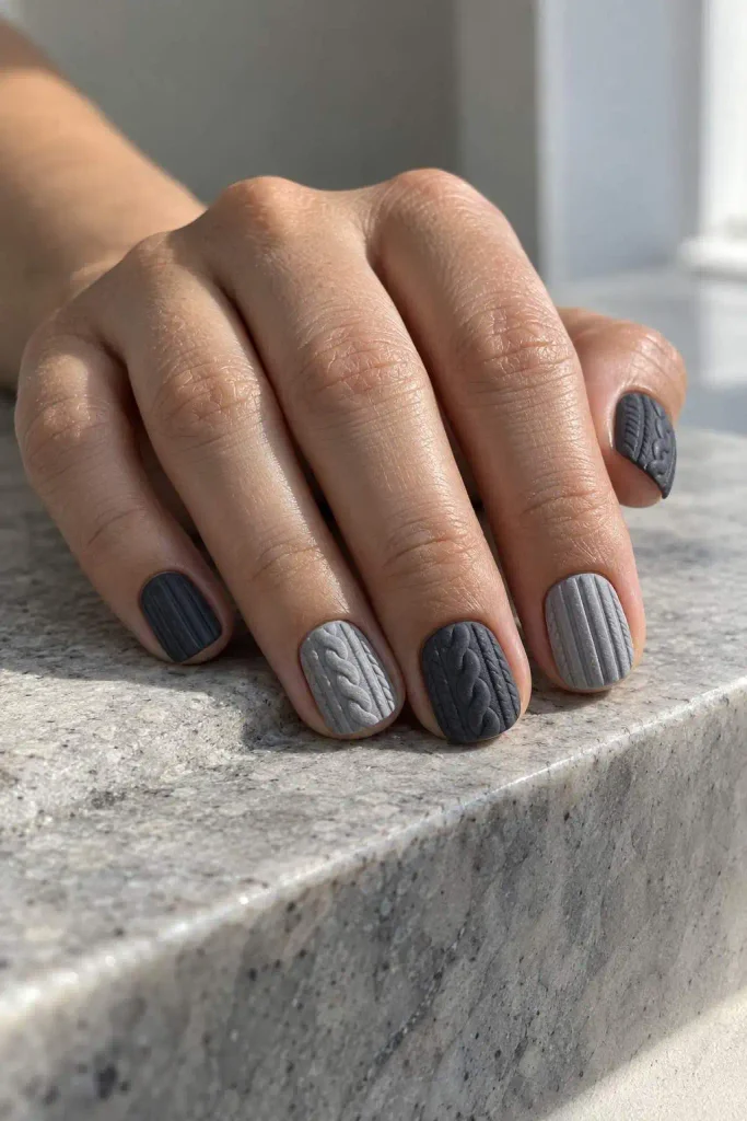 Gray Ribbed Sweater Nails