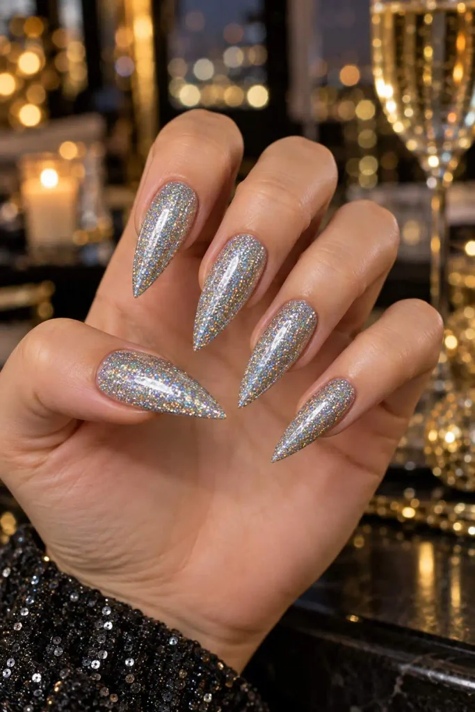 Holographic Glitter Long Stiletto Nails