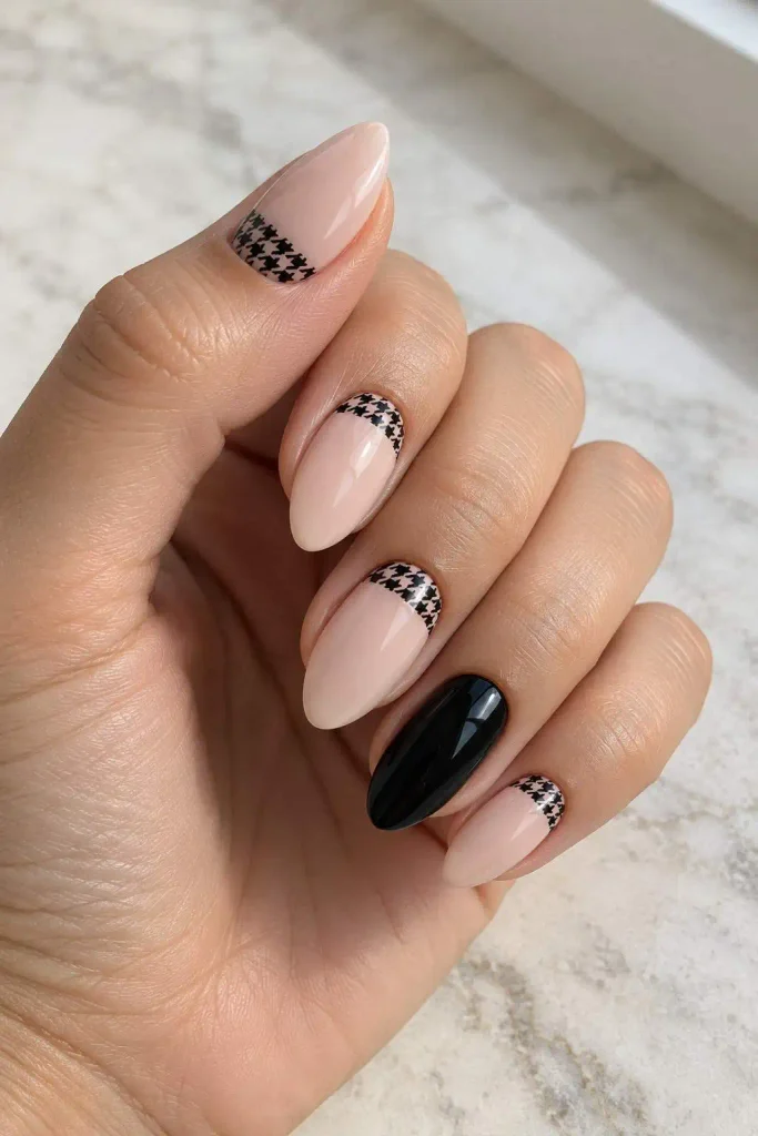 Houndstooth Stamped Half Moon Nails