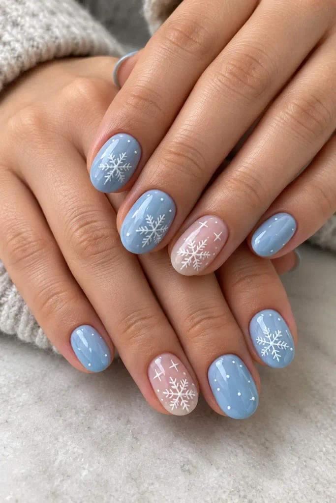Icy Blue Snowflake Short Christmas Nails