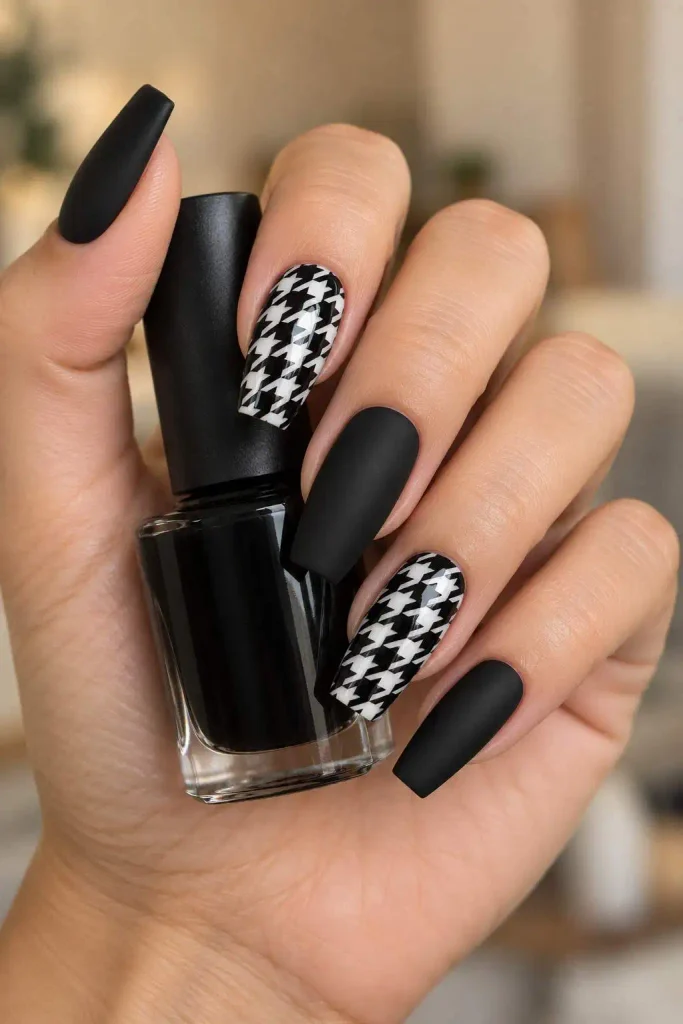 Matte Black Houndstooth Nails