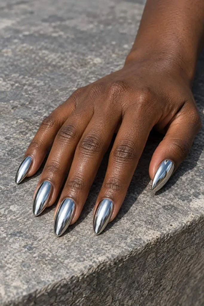Metallic Silver Mirror Almond Nails