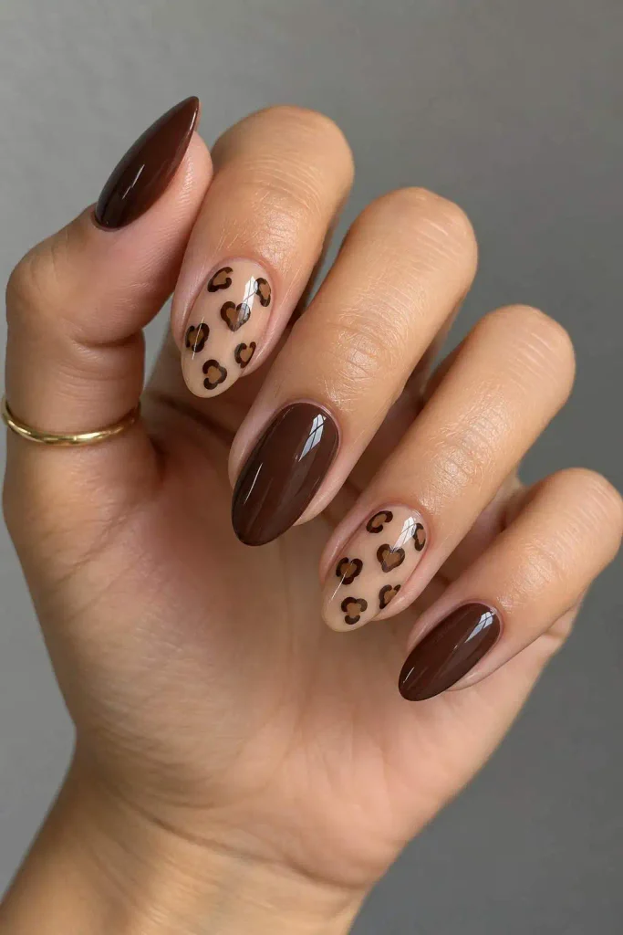 Mocha Heart Leopard Accent Nails