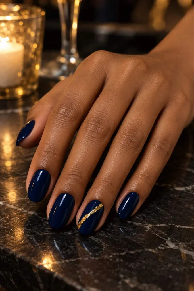 Navy And Gold Foil Nails
