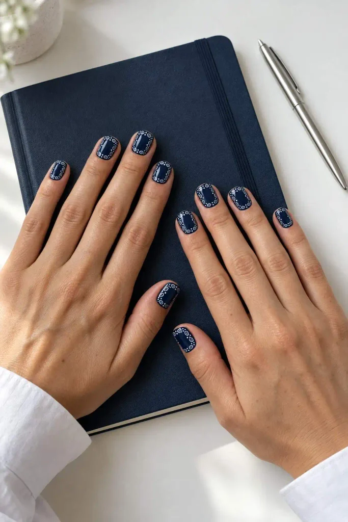 Navy and White Border Print Nails