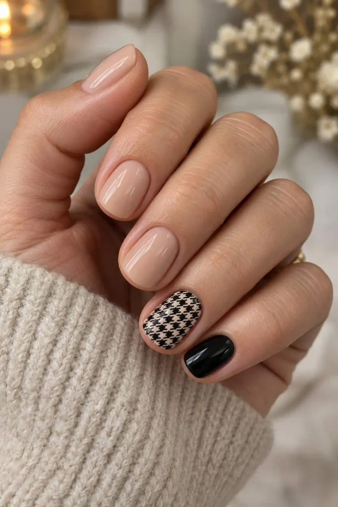 Neutral Nude Houndstooth Accent Nails