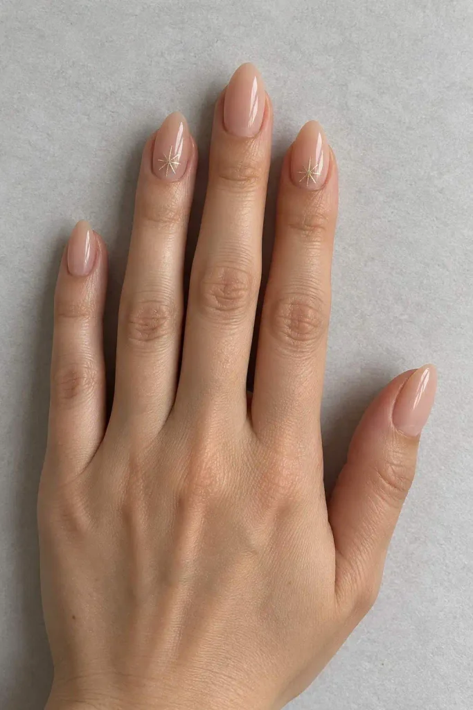 Nude Gold Starburst Almond Nails