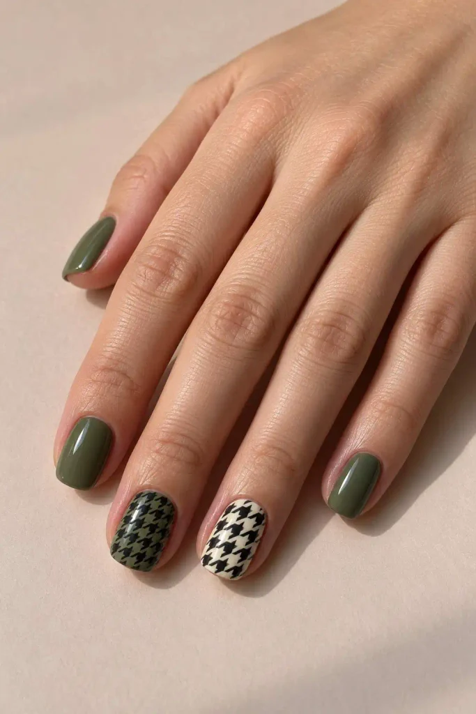 Olive Green Houndstooth Accent Nails