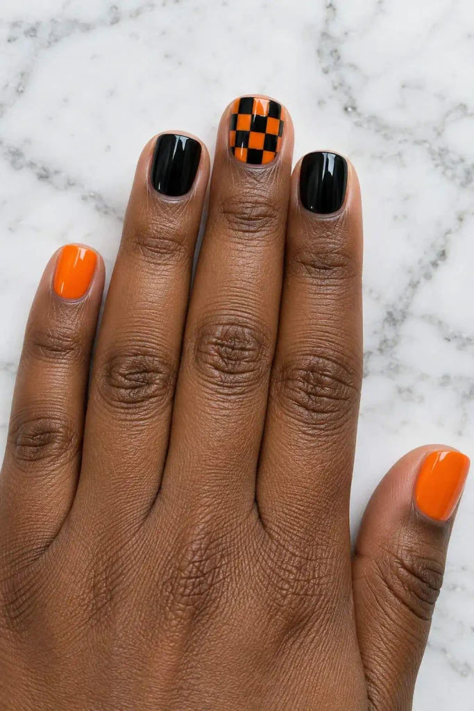 Orange Black Checkerboard Short Nails