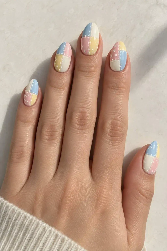 Pastel Patchwork Quilted Almond Nails