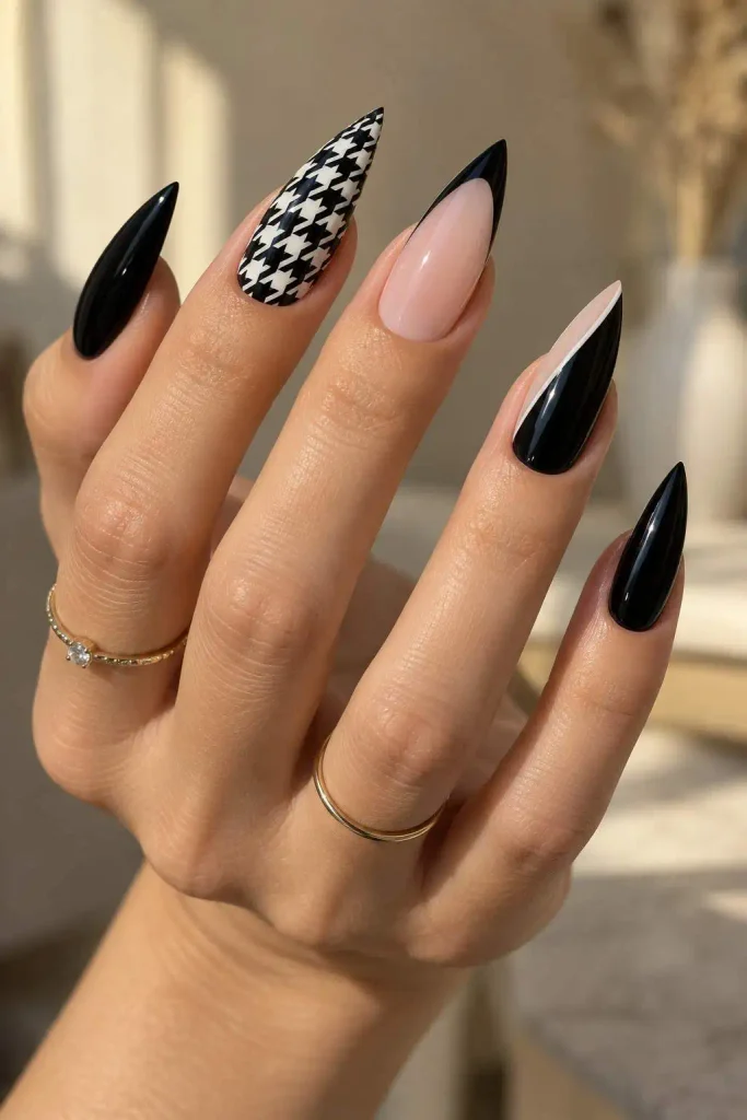 Patchwork Houndstooth Stiletto Nails