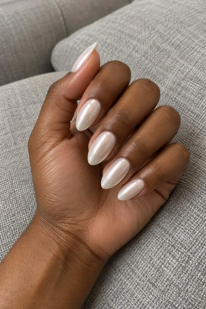 Pearl White Chrome Almond Nails