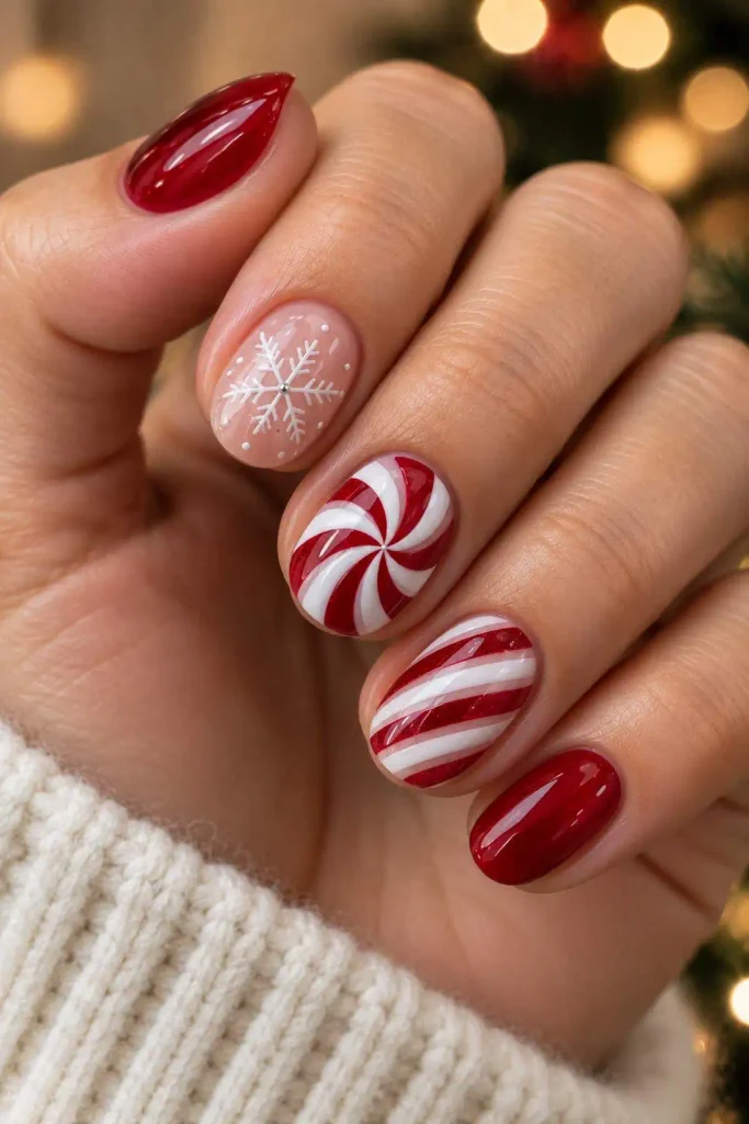 Peppermint Swirl Short Christmas Nails