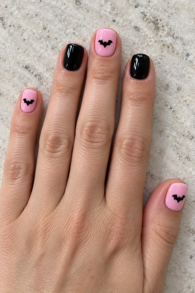 Pink And Black Bat Nails