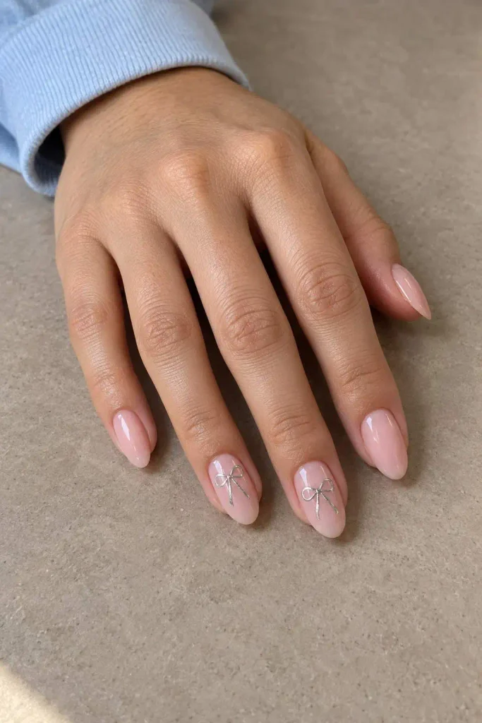 Pink And Silver Bow Nails
