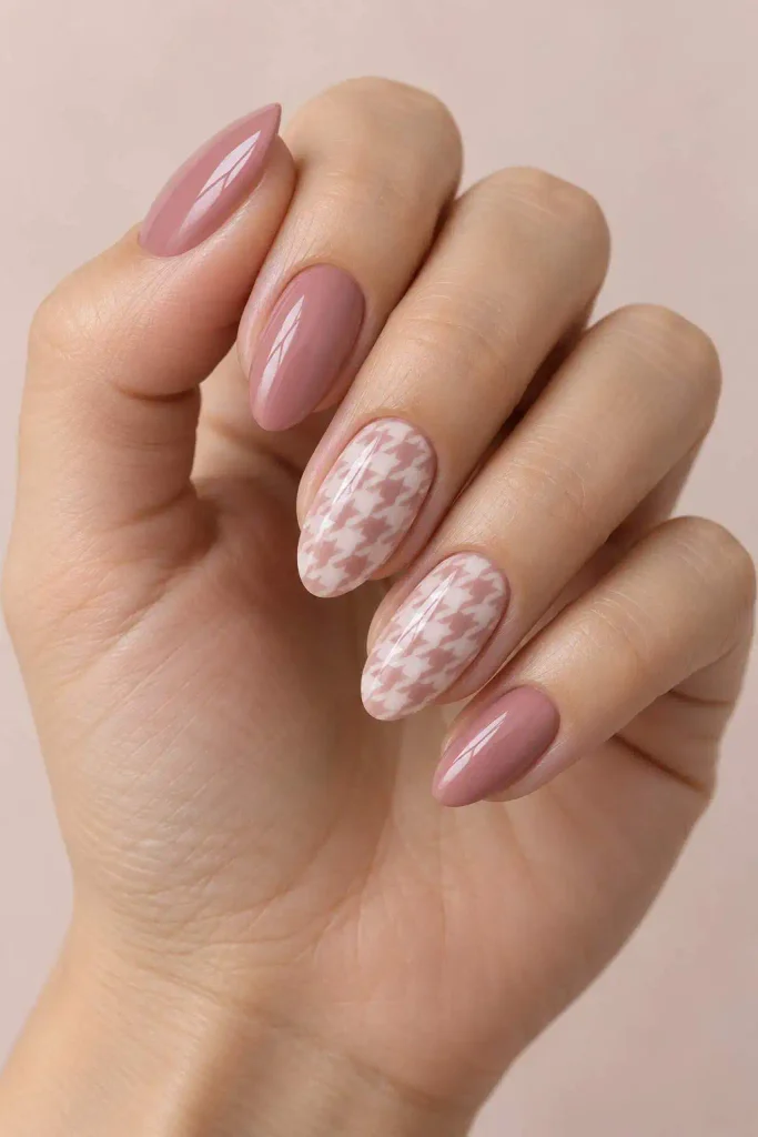Pink Houndstooth Almond Nails