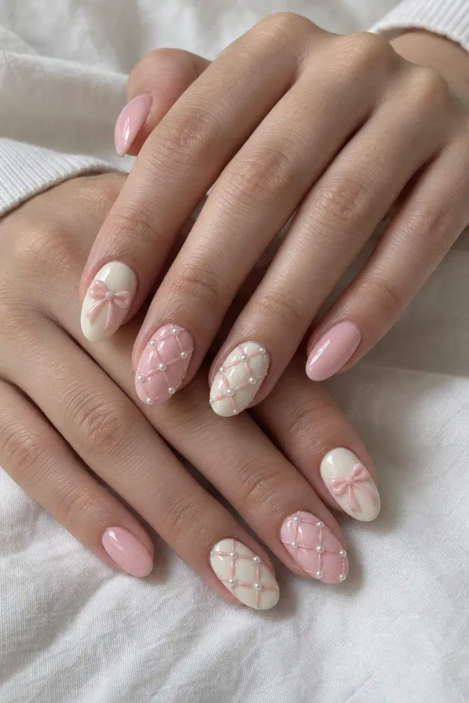 Pink Pearl Quilted Coquette Nails