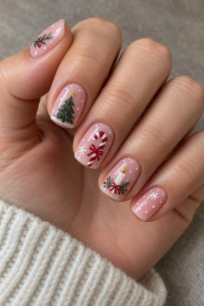 Pink and White Short Christmas Nails