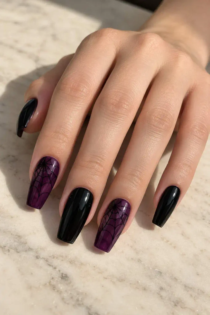 Purple and Black Spiderweb Nails