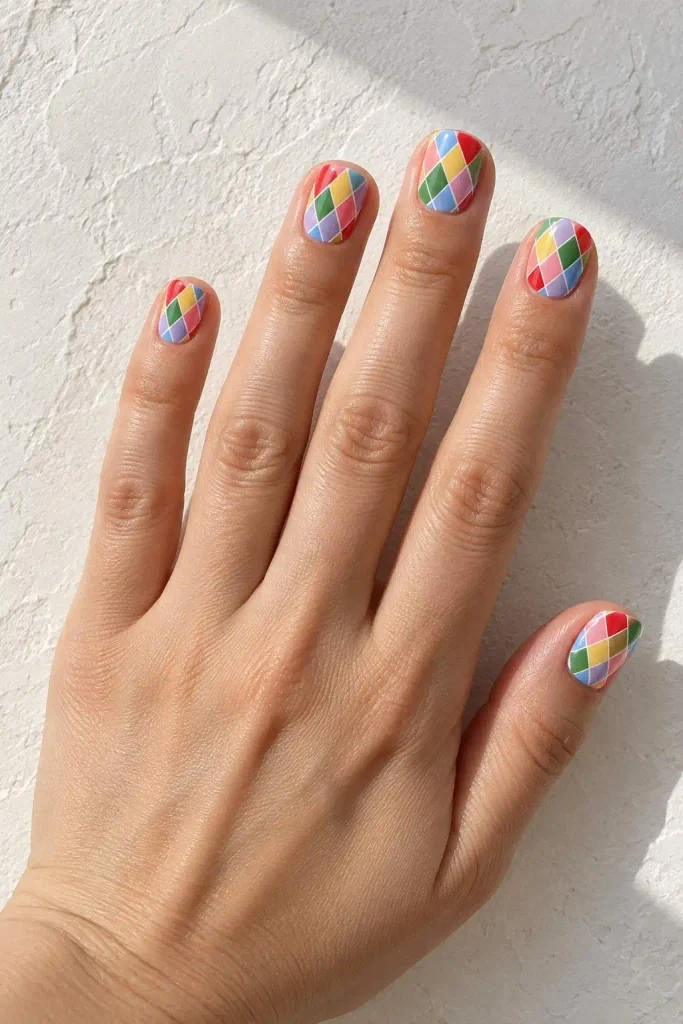 Rainbow Diamond Patchwork Short Nails