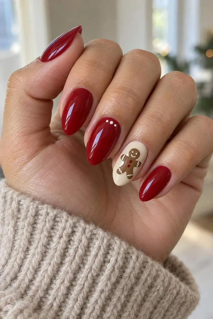 Red Gingerbread Christmas Nail Art
