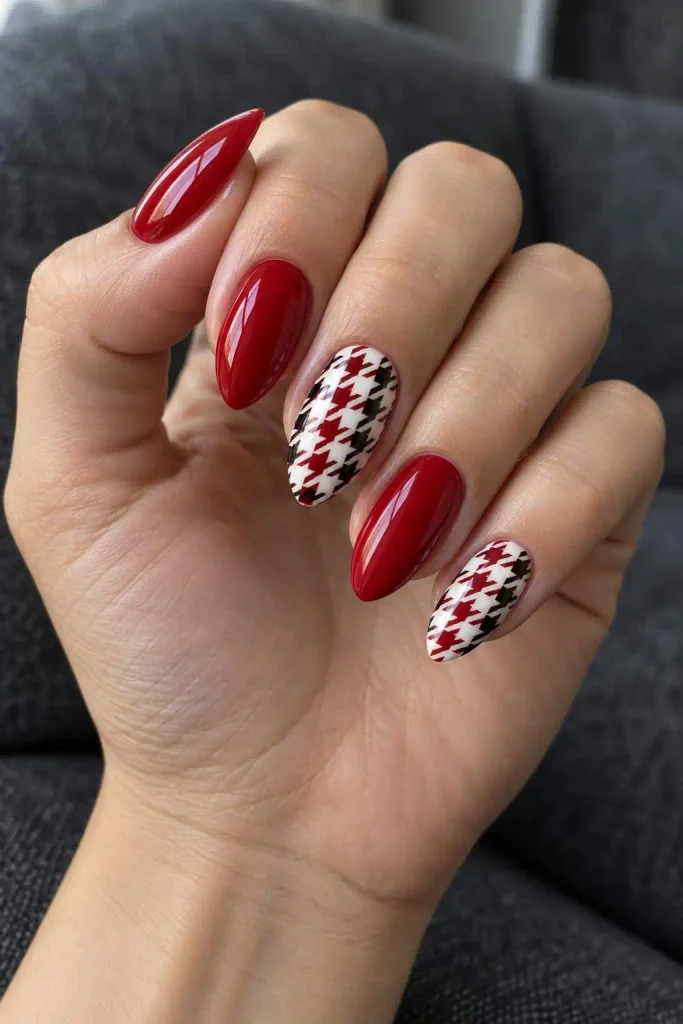 Red Houndstooth Almond Nails
