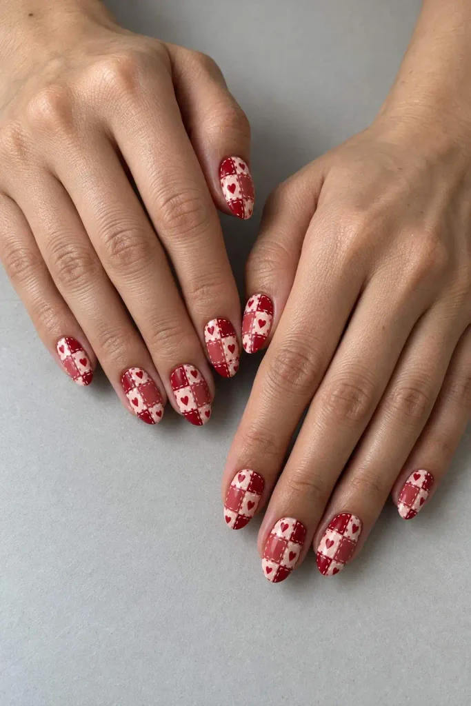 Red Pink Valentine Quilt Nails