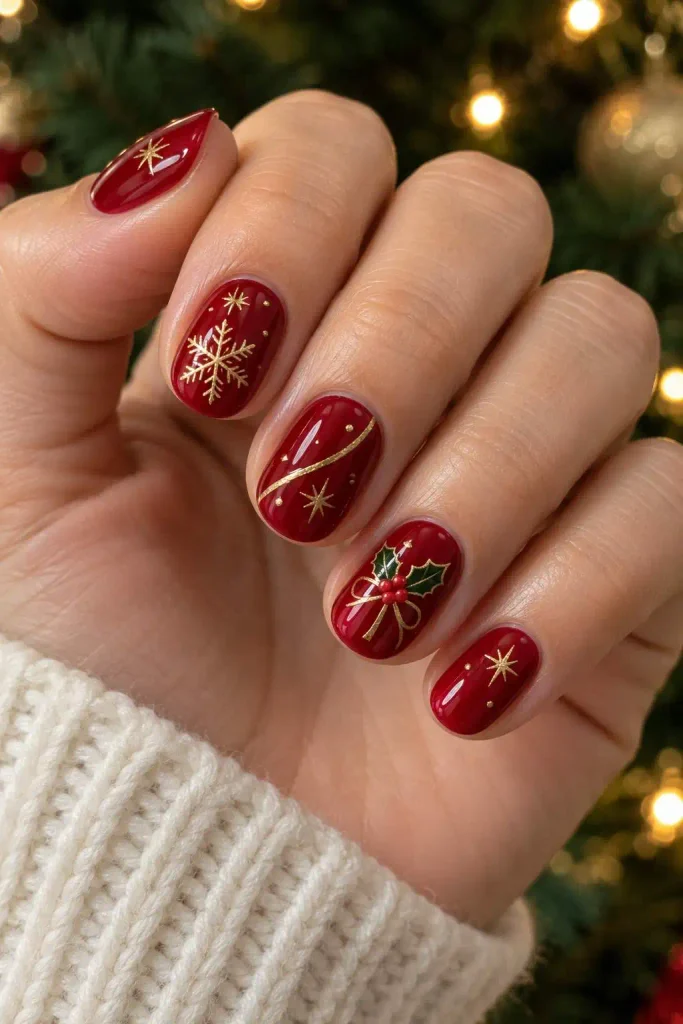 Red and Gold Short Christmas Nails