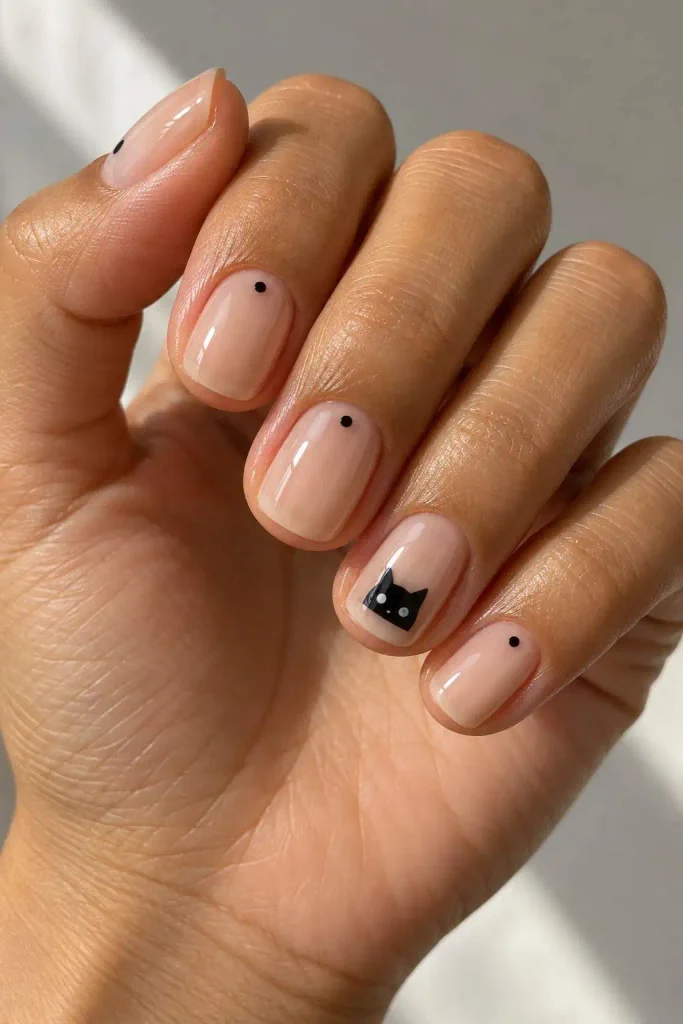 Short Black Cat Accent Nails