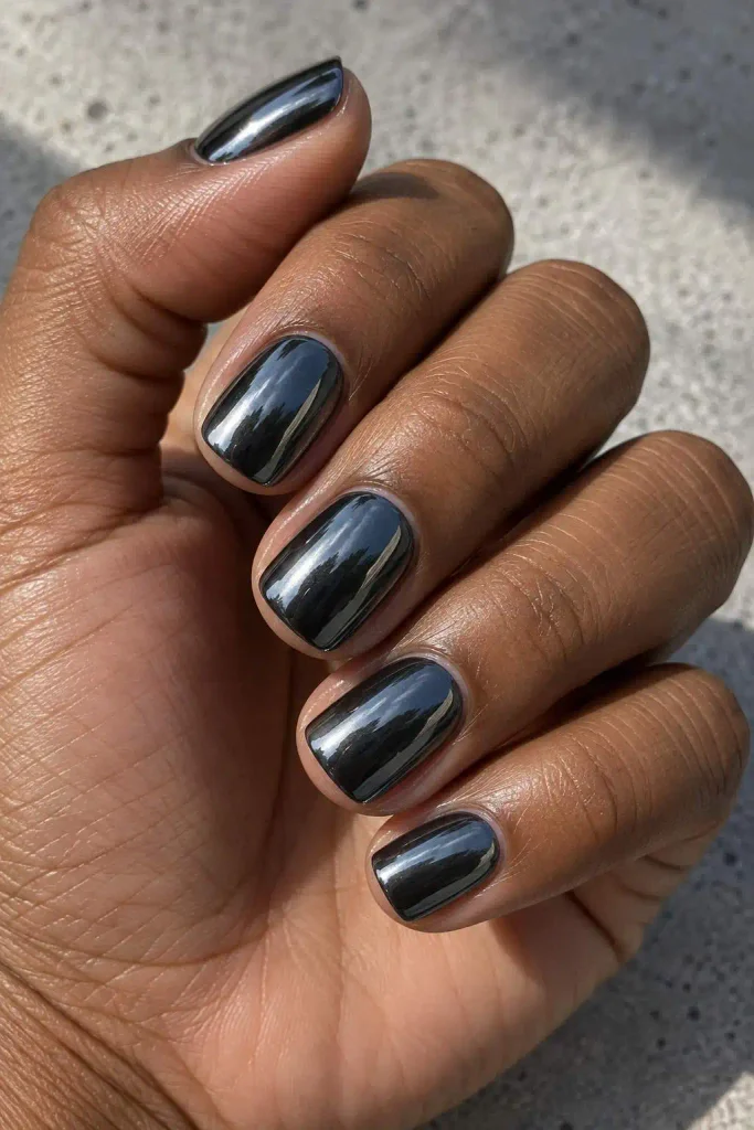 Short Black Chrome Halloween Nails