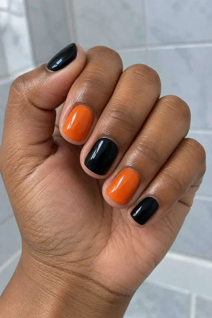 Short Orange Black Colorblock Nails