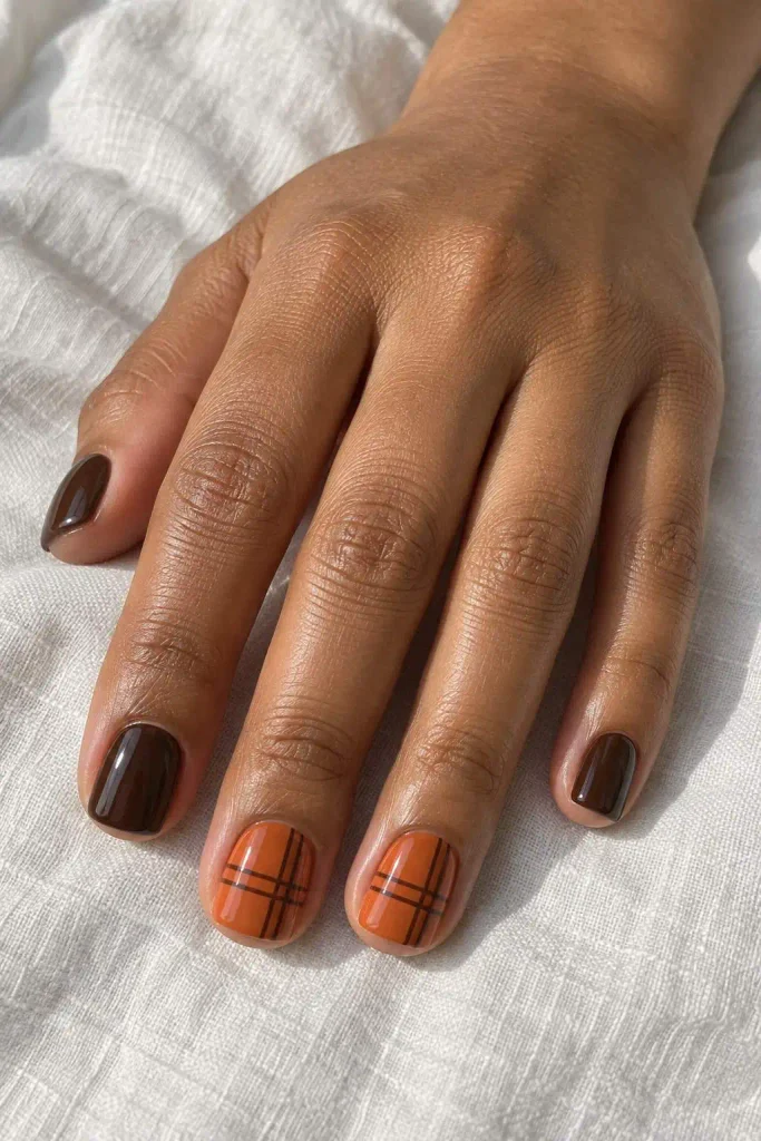 Short Orange Brown Plaid Nails