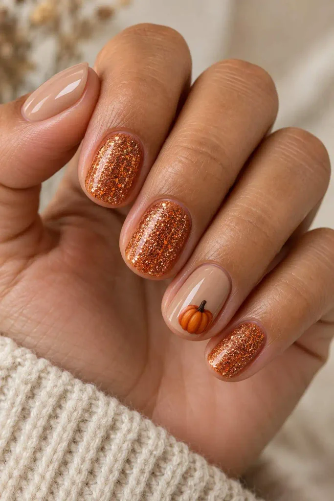 Short Pumpkin Glitter Accent Nails