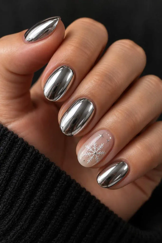 Silver Chrome Short Christmas Nails