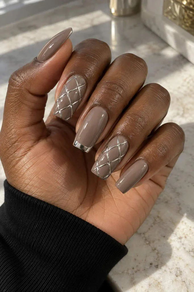 Taupe Quilted Silver Outline Nails