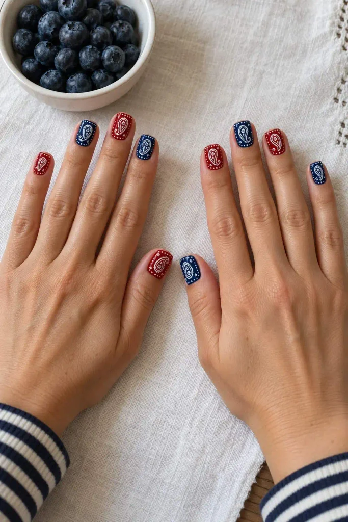 Two-Tone Red and Blue Bandana Nails