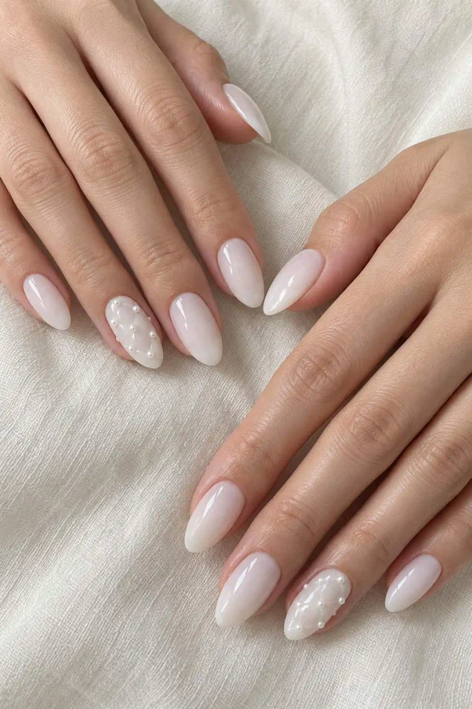 White Bridal Quilted Pearl Nails