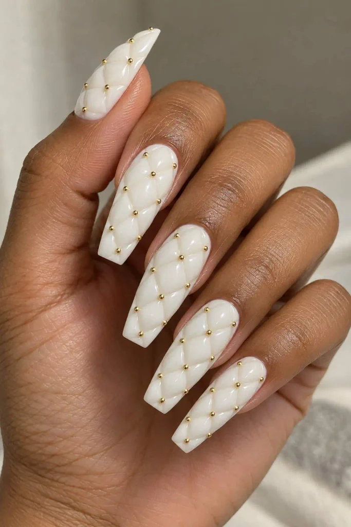 White Quilted Gold Stud Nails