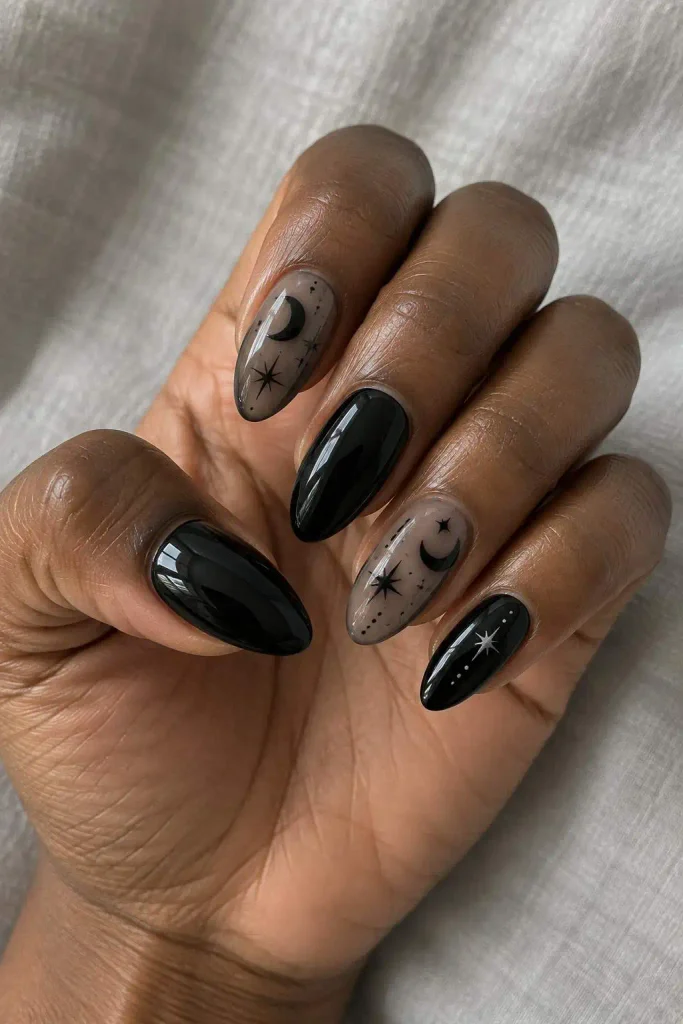 Witchy Black Moon Halloween Nails