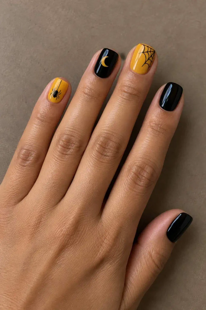 Yellow and Black Halloween Nails